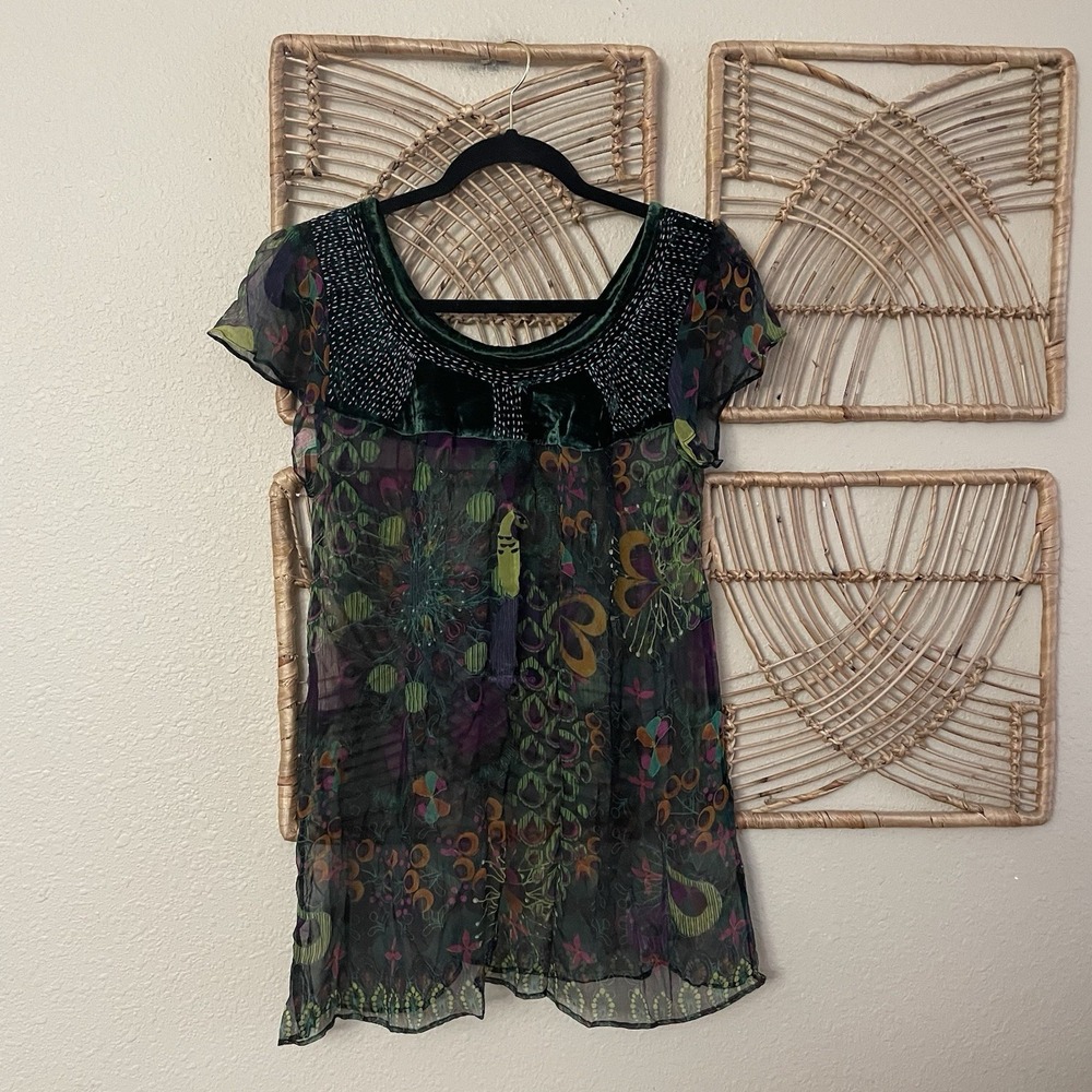 Custo Barcelona Y2K Velvet Neckline Sheer Top Blouse Fairy Goth Sz 2 NWT B34‎